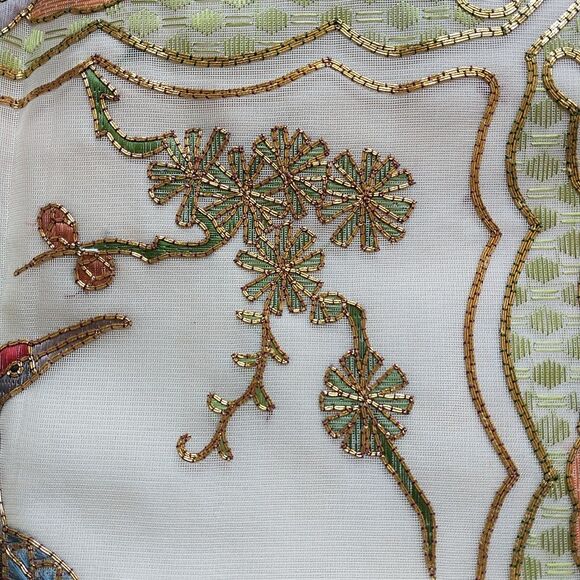 VTG GoldenCloud Pillow Cover Bird Flower Fish Silk Rayon Hand Embroidered Ruffle - Picture 6 of 11